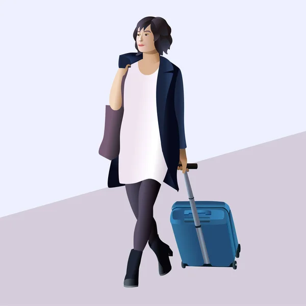 Business Woman Young Traveler Woman Walking Suitcase Business Travel Tourism — 스톡 벡터