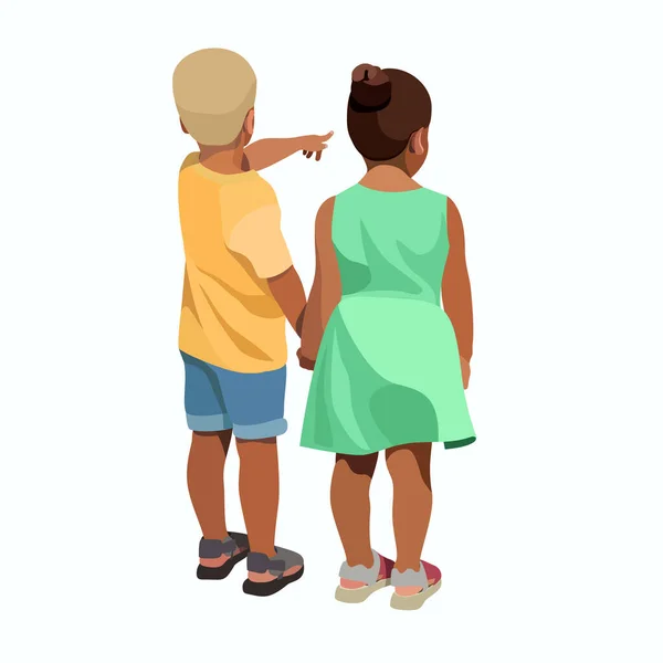 Boy Girl Holding Hands Little Children Stand Sun Summer Day — Image vectorielle