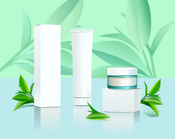 Finished Stage Displaying Cosmetic Products Natural Green Colors Leaves Mockup — Archivo Imágenes Vectoriales
