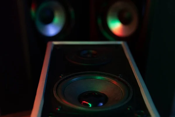 Powerful sound speakers in colorful neon light.Powerful music — Stock Photo, Image