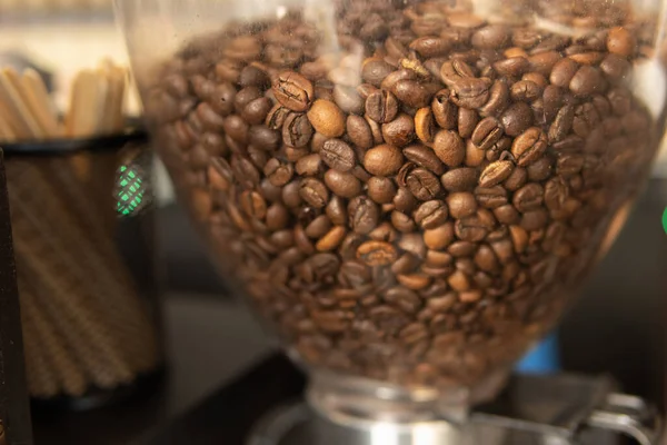 Moedor de café com grãos de café em uma cafeteria — Fotografia de Stock