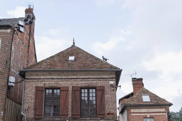 old house with red bricks on the roof statuette of a cat. High quality photo