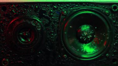 Musical speaker in water drops with beautiful colored backlight multicolored wet Musical speaker close-up. Lighting to the beat of the music. High quality FullHD footage