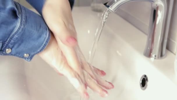 Female Hands Close Girl Washes Her Hands White Wash Basin — Stock Video