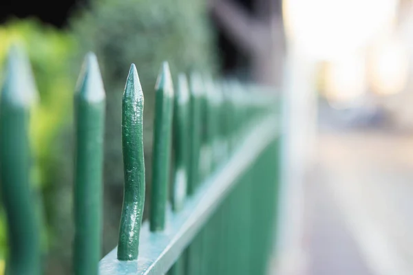 fence made of metal bars for the street in green color close-up, side view background blurred. High quality photo