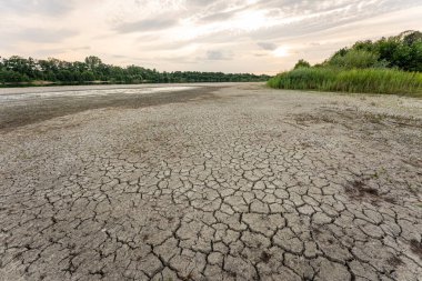 Dry lake in Bavaria Germany. Drought and climate change, landscape of cracked earth after lake has dried up in summer. Water crisis an impact of global warming.