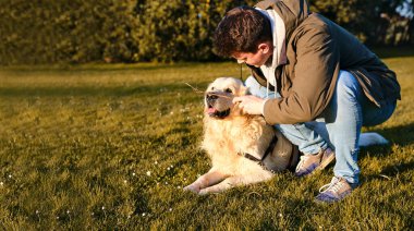 Beyaz çocuk yeşil bir parkta elinde sopayla Golden Retriever köpeğiyle oynayıp antrenman yapıyor.