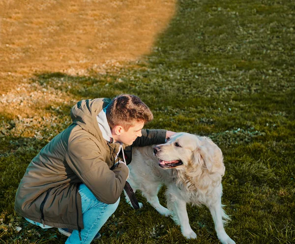 Rubio Chico Acariciando Golden Retriever Perro Verde Parque Copyspace — Foto de Stock