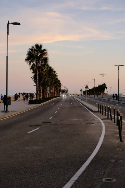 Gün batımında araba süren Malaga şehri manzarası. Dikey