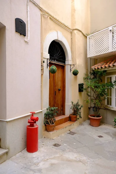 İspanya, Malaga 'da bir sokakta tahta kapı. Çiçekler ve bitkilerle süslenmiş, dikey.