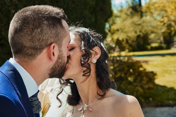 Portrait Two Bride Groom Passionately Kissing — стоковое фото