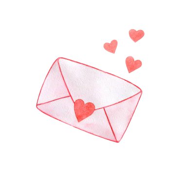 Pembe kalpli zarf. Şenlikli kalp konfetisi. Tasarım için Sevgililer Günü suluboya çizimi.
