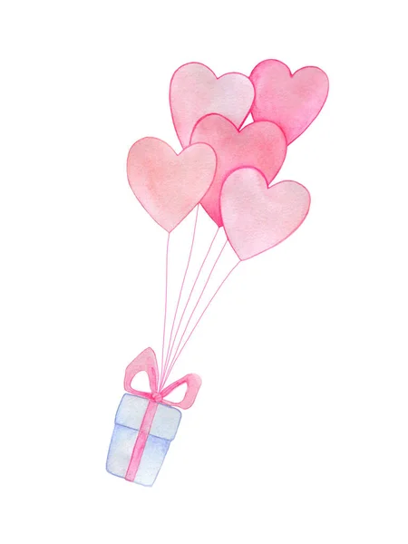 Ilustração Aquarela Amor Dia Dos Namorados Com Corações Balão Rosa — Fotografia de Stock
