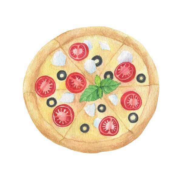 Akvarell Illustration Pizza Med Tomater Och Ost — Stockfoto