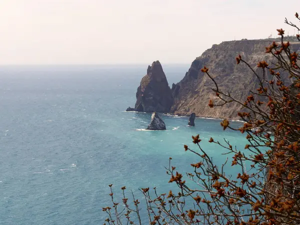 Mavi deniz ve kayalık kıyı şeridi güneşli bir günde