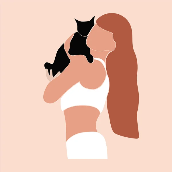 Donna capelli lunghi e gatto illustrazione astratta, stile minimalista. Illustrazione vettoriale concetto piatto — Vettoriale Stock