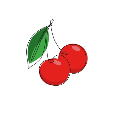 Kiraz. Arka planda yaban mersini var. Vektör çizimi. Kiraz ikonu, vektör meyve çizimi, tatlı kirazlar, taze sağlıklı kirazlar..