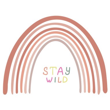 Soyut renkli gökkuşağı olan çocuksu çizimler. Vintage pastel renklerde çizgili yay. Kalpleri ve bulutları var. Kelimelerle vahşi kal