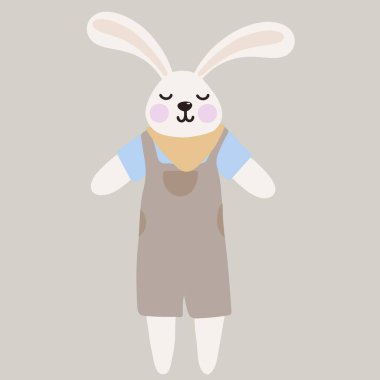 Gri arka planda uyuyan sevimli tavşan çocuk. Vektör çizimi. Boho tarzı çocuk odası dekorasyonu.