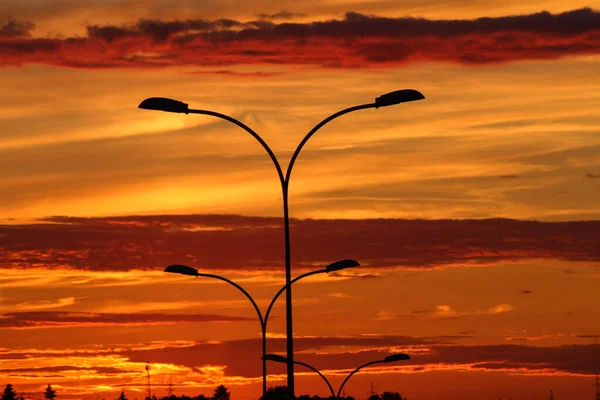 31.07.2022 Bialystok Poland.City lanters and colorful sunset.