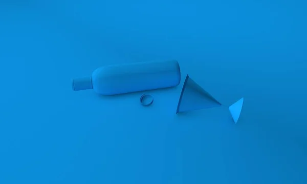 酒和杯3D渲染青色Bg — 图库照片