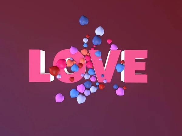 Love Written Surrounded Fallen Hearts Red Background Render Image — Stock Photo, Image