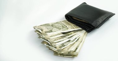 Cüzdanı beyaz arka planda izole Hint rupileri