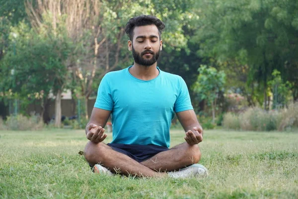 Meditasyonda oturan çekici Asyalı adam gün batımında park manzarasında yoga pozisyonunda pranayama dengesi kuruyor. Sağlık ve sağlık ve zindelik kavramı
