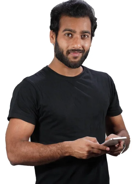 Ein Mann Mit Handy Weißen Hintergrund — Stockfoto
