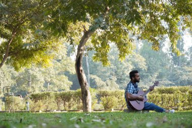 Gitarlı ve parktaki ağaçta gitar çalan genç bir çocuk.