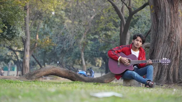 Gitarlı ve parkta gitar çalan genç bir çocuk.
