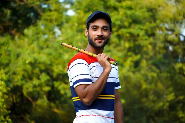 Homem Com Bansuri Flauta Índio Instrumento Sopro — Fotografia de Stock