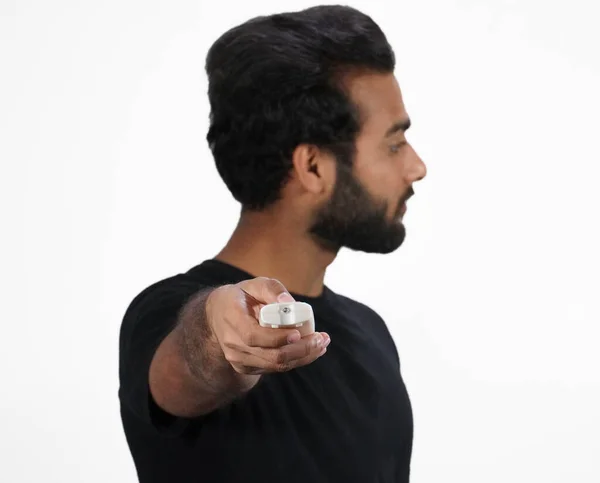 Man Stoping Using His Remote White Background — Stock Photo, Image