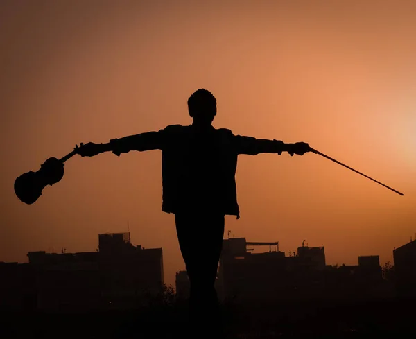 Musician Playing Violin Music Musical Tone Concept Silhouette Images Man — Stock Photo, Image