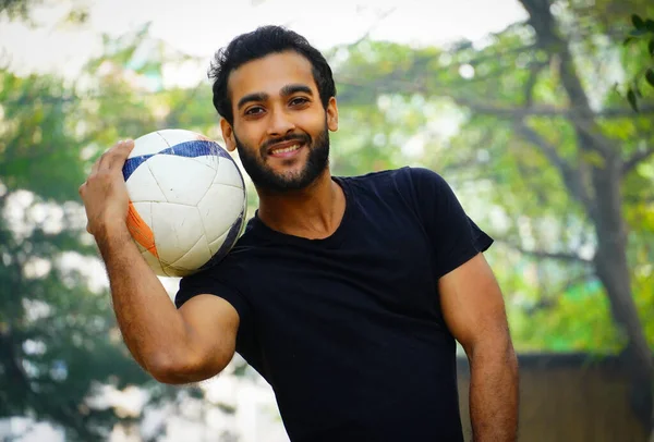 Young Football Player Football Ground Indian Man Image — Stock Photo, Image