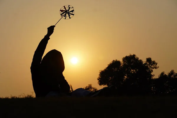 Happy Young Boy Toy Petal Sunset Background Wheat Field — Stock Photo, Image