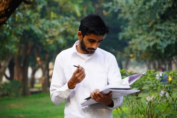 Indian Boy Books Pen Standing College Campus — Stock Photo, Image