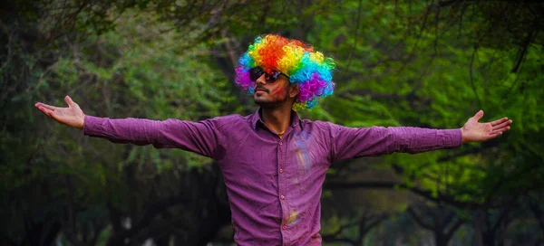 Holi Festival Colours Portrait Garçon Indien Heureux — Photo
