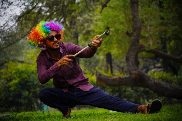 Holi Festival Der Farben Porträt Eines Glücklichen Indischen Jungen — Stockfoto