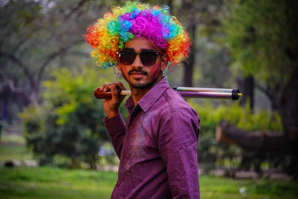 Holi Festival Colours Porträtt Lycklig Indian Pojke — Stockfoto
