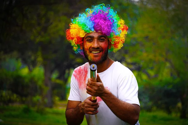 Young Indian Man Colored Face Enjoying Holi Color Festival — Stock Photo, Image