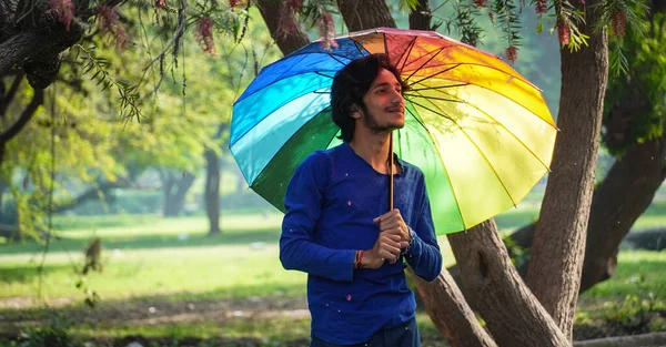 Happy Asian Boy Holding Colorful Umbrella Summer Outdoor — Stock Photo, Image