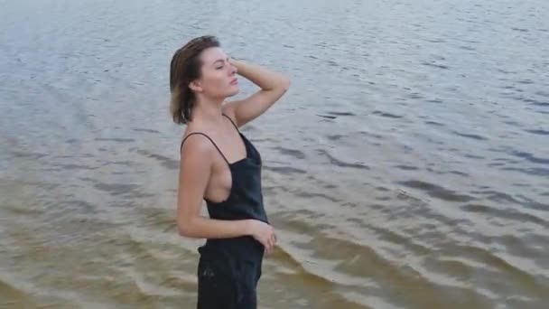 Young Woman Black Dress Standing Water Slow Motion Swimming Summer — Vídeo de Stock