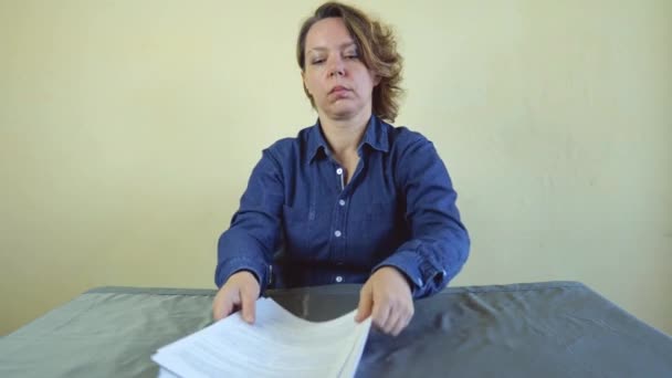 Forty Year Old Woman Denim Shirt Sitting Table Working Papers — Stockvideo