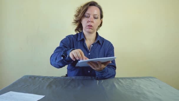 Forty Year Old Woman Denim Shirt Sitting Table Working Papers — Stock Video