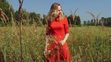 Kırk yaşında kırmızı uzun elbiseli güzel bir kadın sahada yürüyor. Doğada yetişkin bir kadının portresi. Yavaş çekim 4k