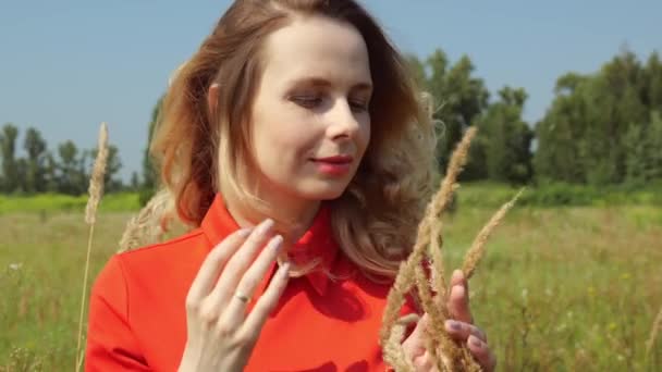 View Dry Plants Portrait Blonde Woman Red Dress Field Slow — Stock Video