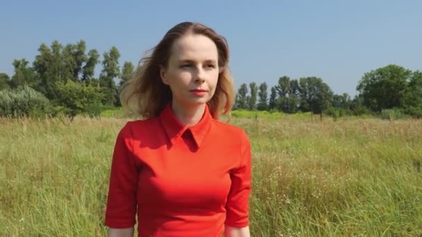Portrait Forty Year Old Woman Red Dress Nature Slow Motion — Stock Video