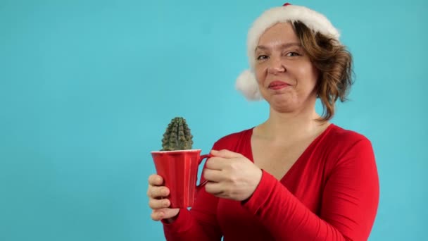赤いセーターを着た大人の女性の肖像画は 青い背景にカップの中にサボテンを保持しています クリスマスの帽子の女性 ハッピークリスマス スローモーションポートレート — ストック動画