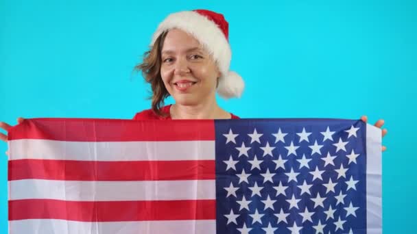 Forty Year Old Cheerful Woman Holds Flag Blue Background Portrait — Stok video